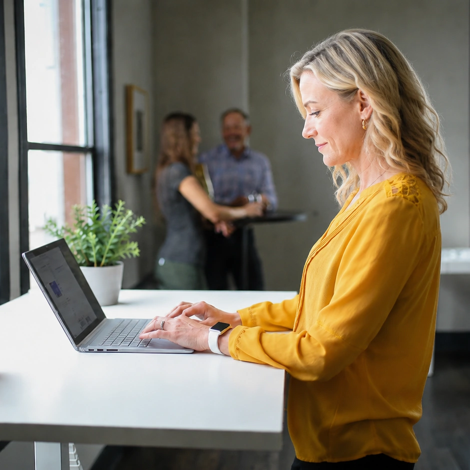 Eine Frau, 50 Plus und Digital fit, steht am Tisch und tippt auf einem Laptop