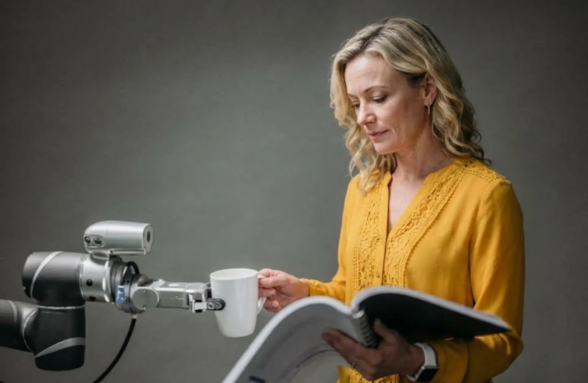 Bewerben mit KI: Ein Roboterarm übergibt einer Frau eine Tasse. Sie ließt dabei ein Portfolio durch.
